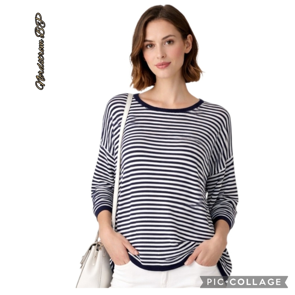 Nordstrom BP sweater knit blue & white stripe side slits lng slv size med